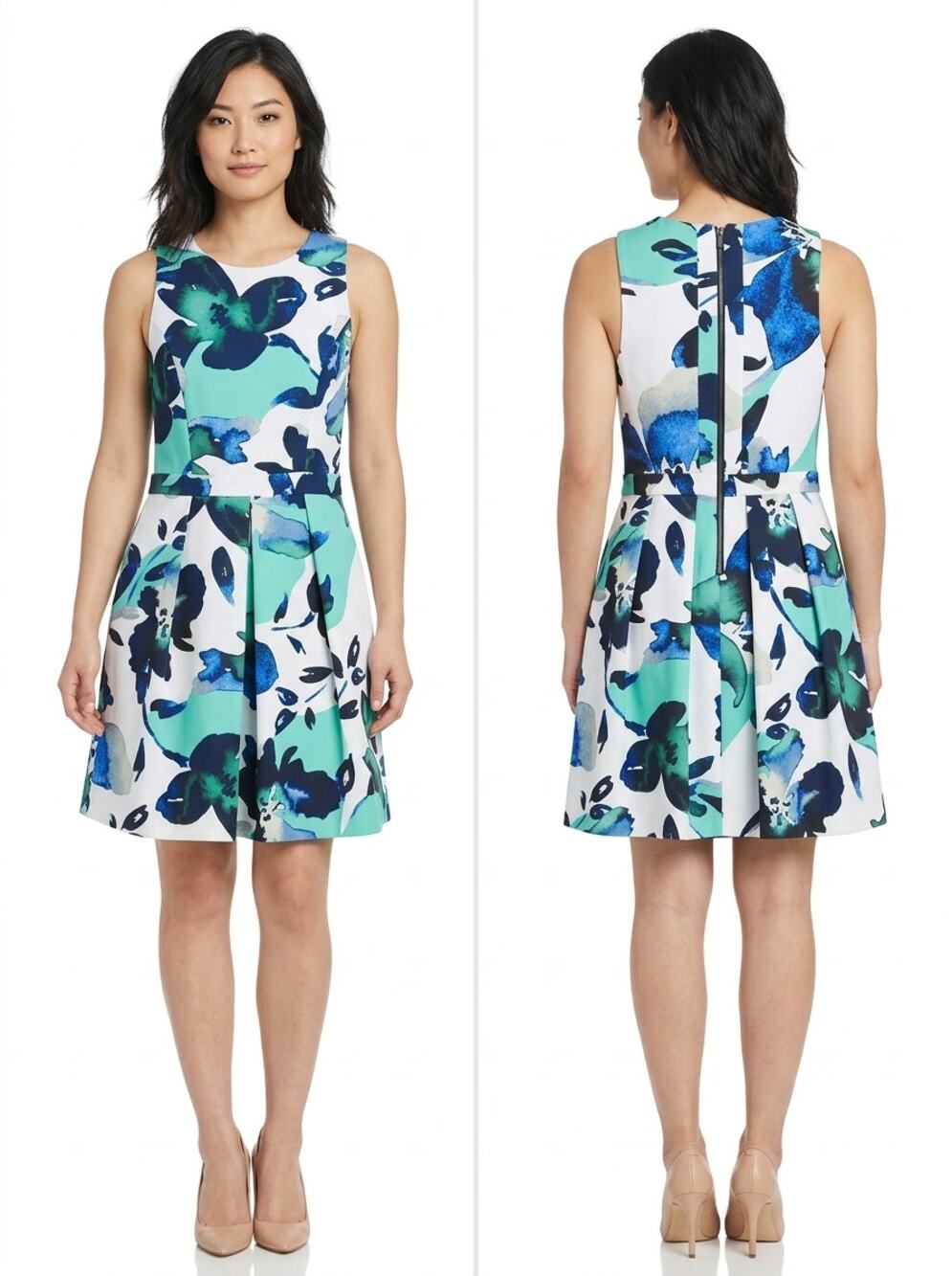 Vince Camuto Green Blue Floral Sleeveless Pleated A-Line Dress Women Size 8